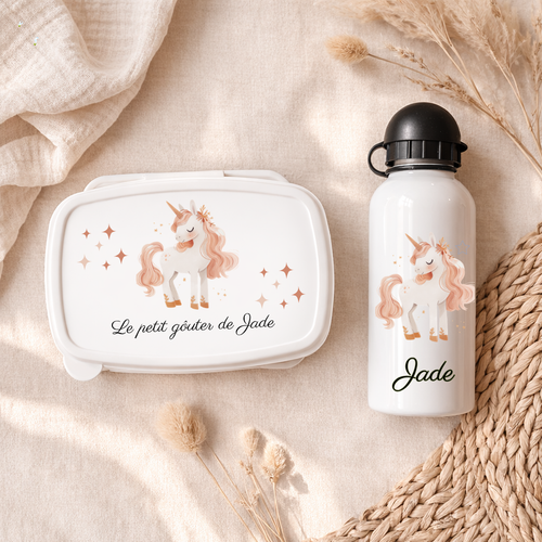 Boîte à goûter et Gourde personnalisable | Licorne rose