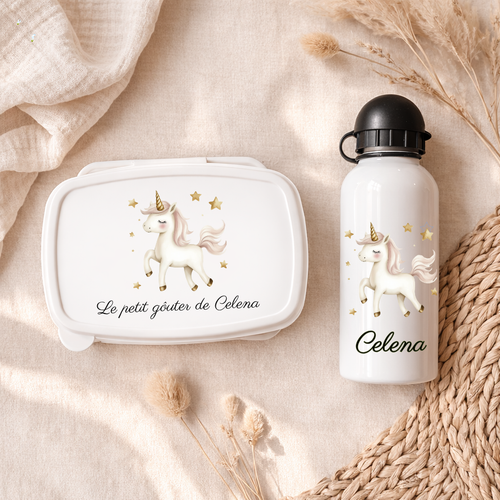Boîte à goûter et Gourde personnalisable | Licorne dorée