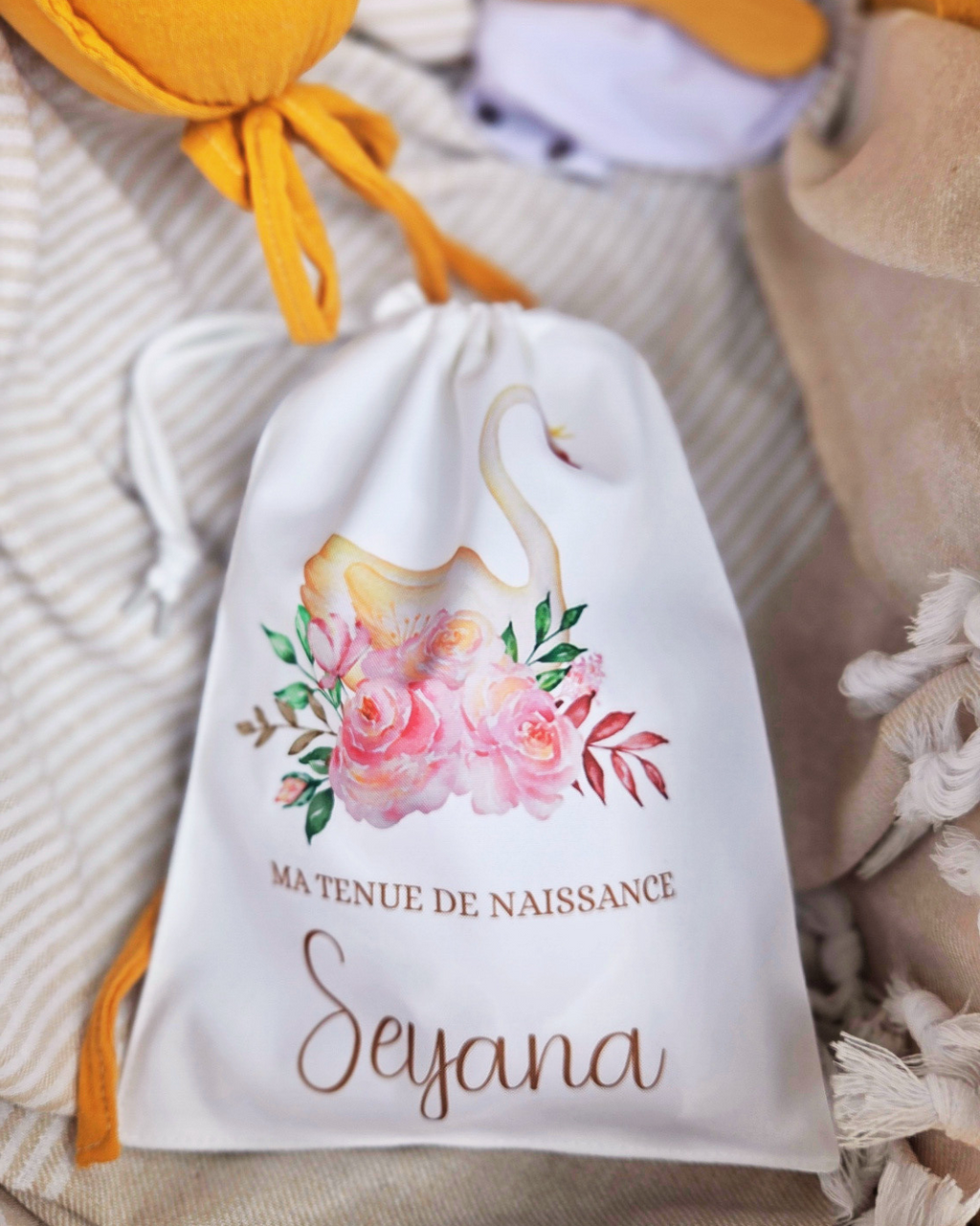 Pochon à cordon - Tenue de naissance Cygne