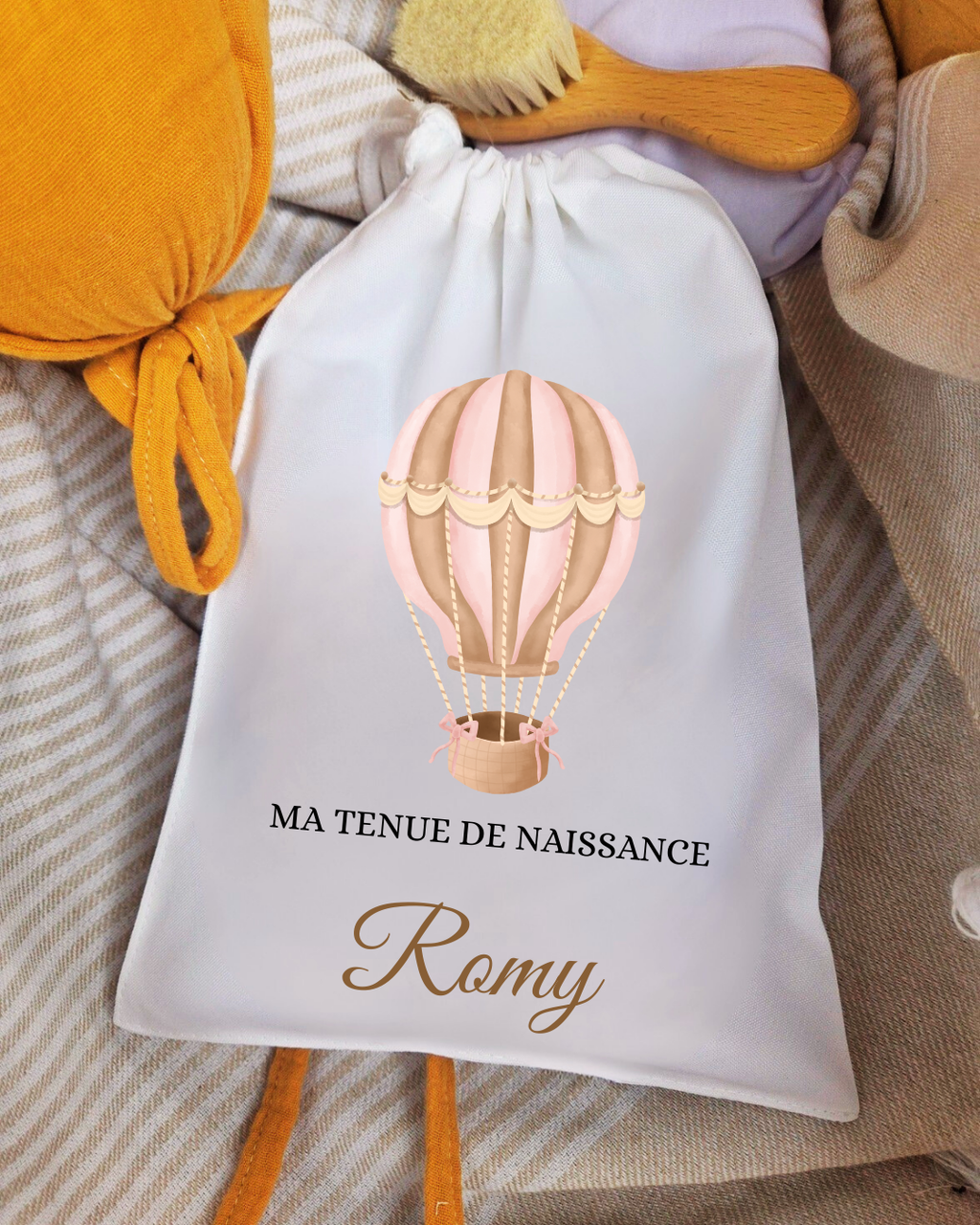 Pochon à cordon - Tenue de naissance Montgolfière Rose