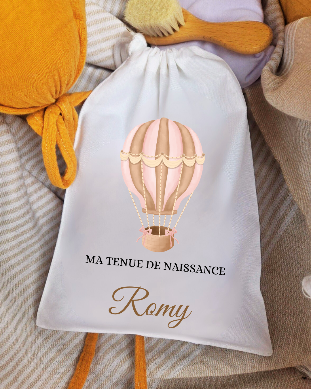 Pochon à cordon - Tenue de naissance Montgolfière Rose
