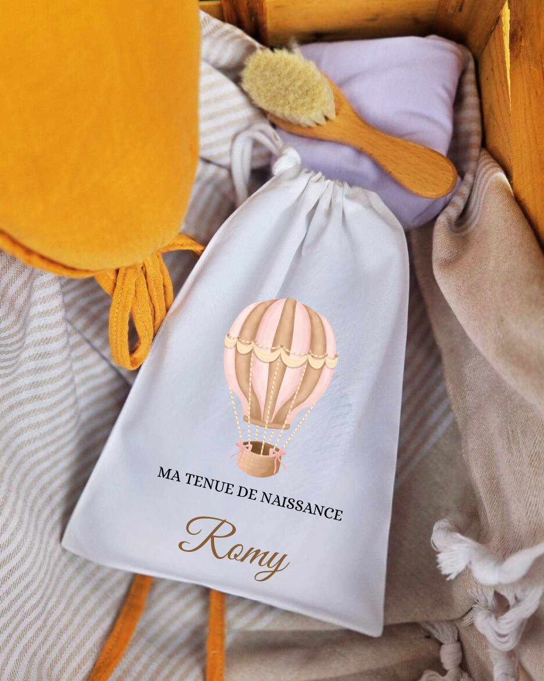 Pochon à cordon - Tenue de naissance Montgolfière Rose