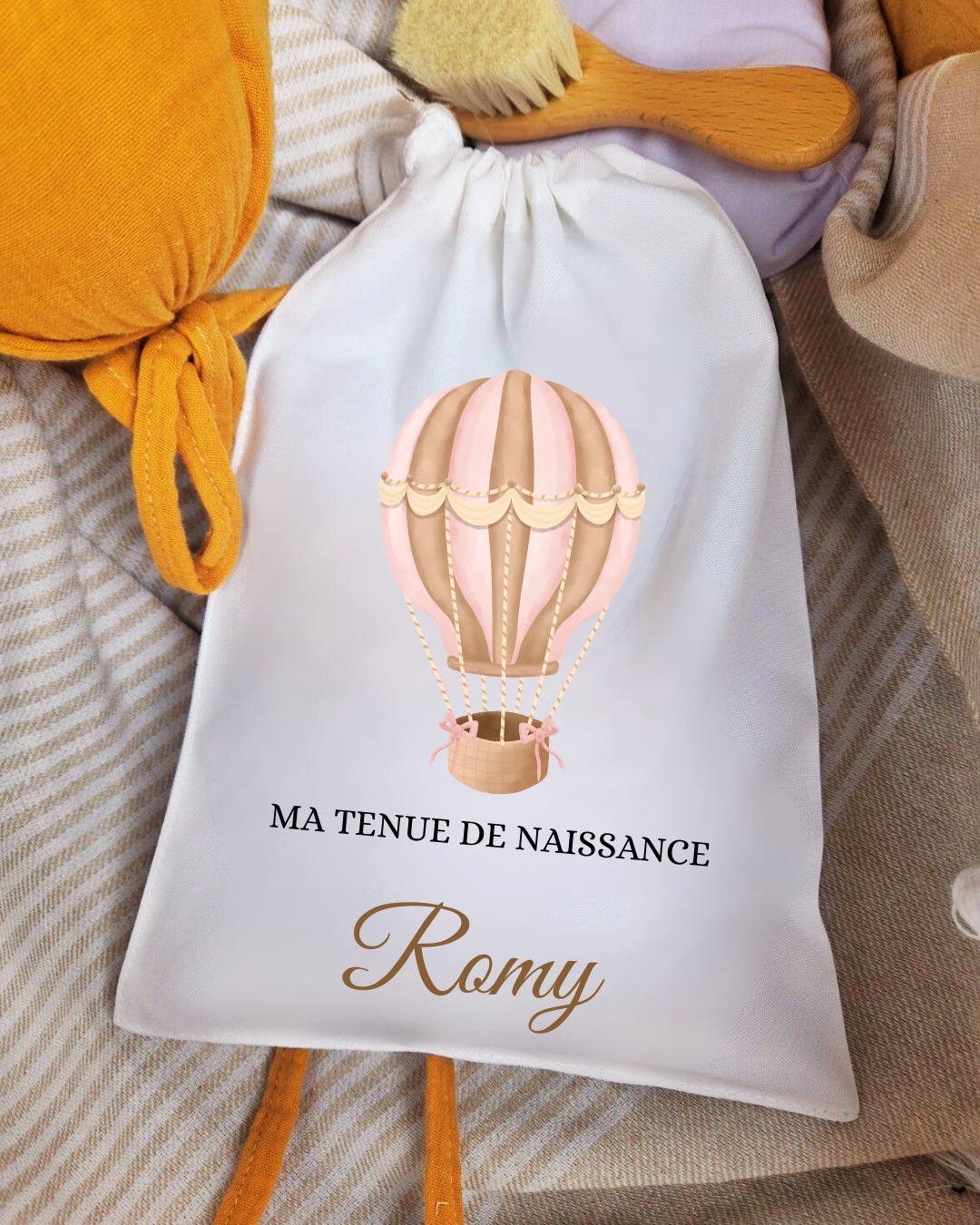 Pochon à cordon - Tenue de naissance Montgolfière Rose