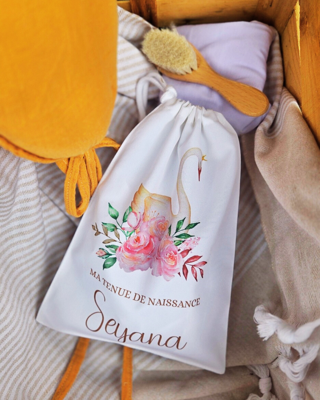 Pochon à cordon - Tenue de naissance Cygne