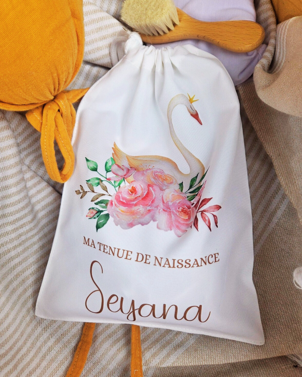 Pochon à cordon - Tenue de naissance Cygne