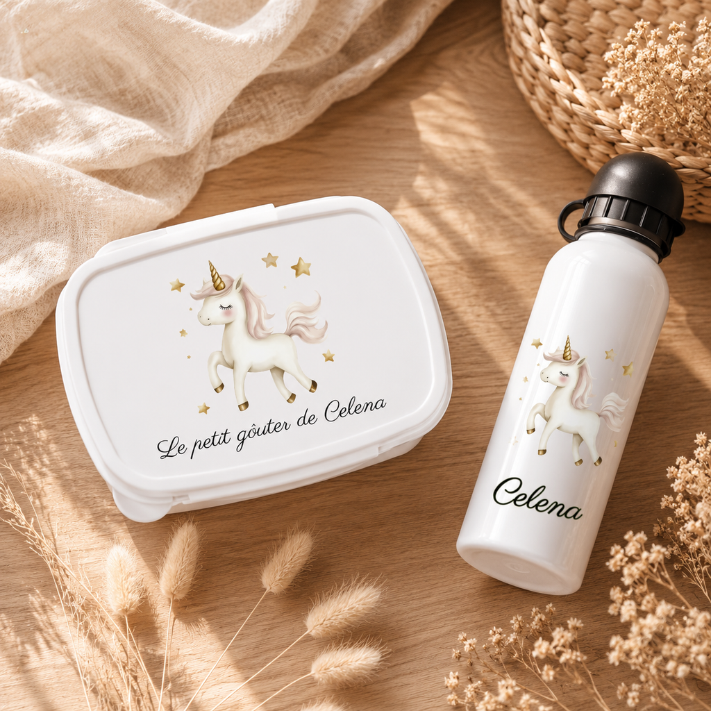 Boîte à goûter et Gourde personnalisable | Licorne dorée