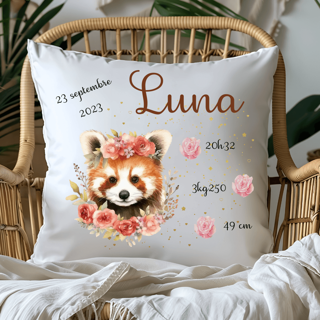 coussin de naissance bébé panda roux pour petite fille 