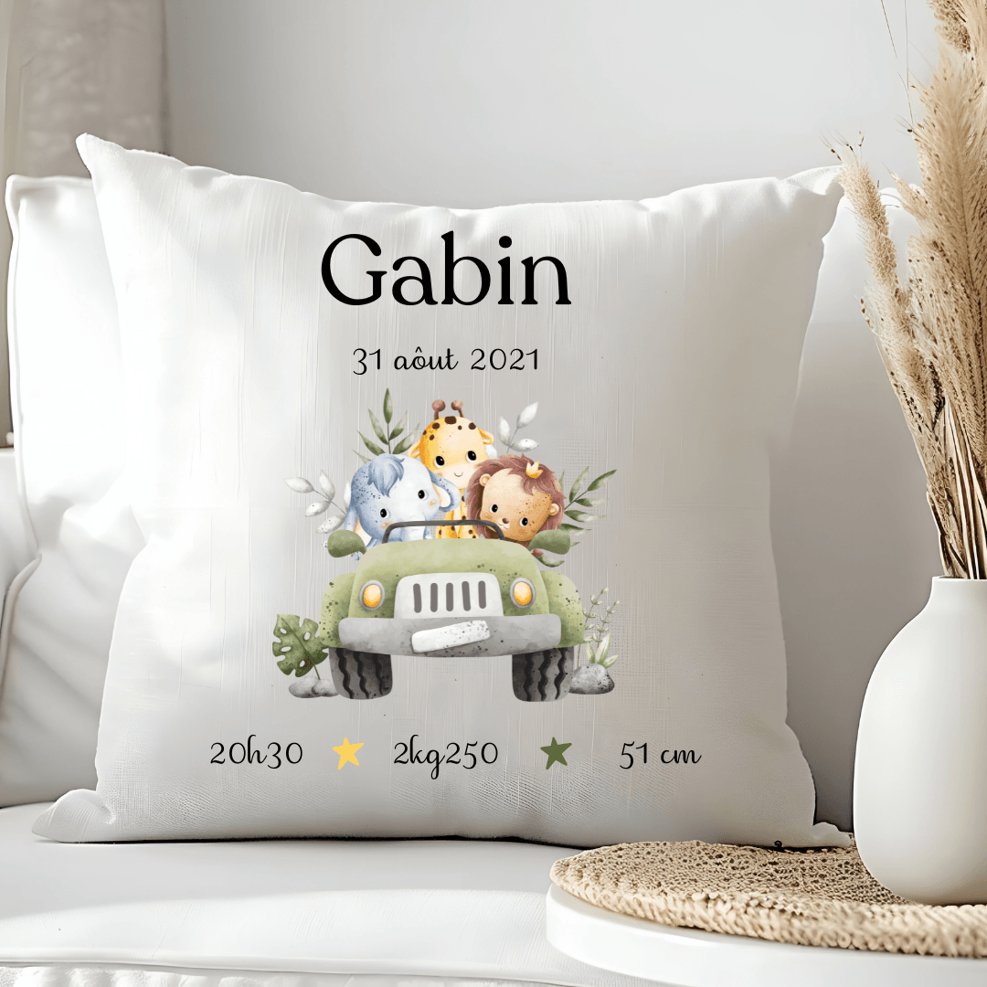 coussin de naissance personnalisé sur le thème animaux de la jungle