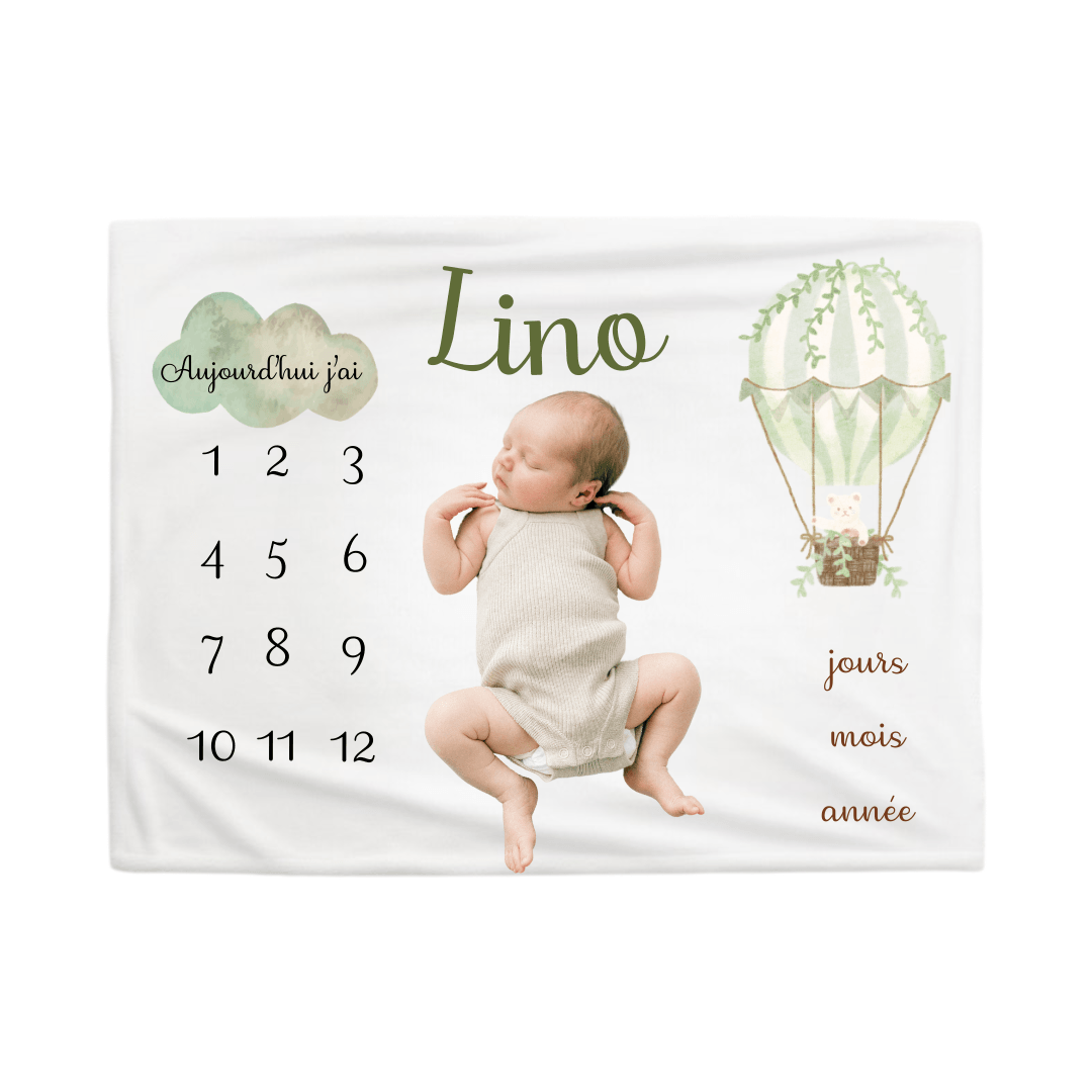 couverture étape personnalisée pour bébé avec des montgolfière vert sauge 